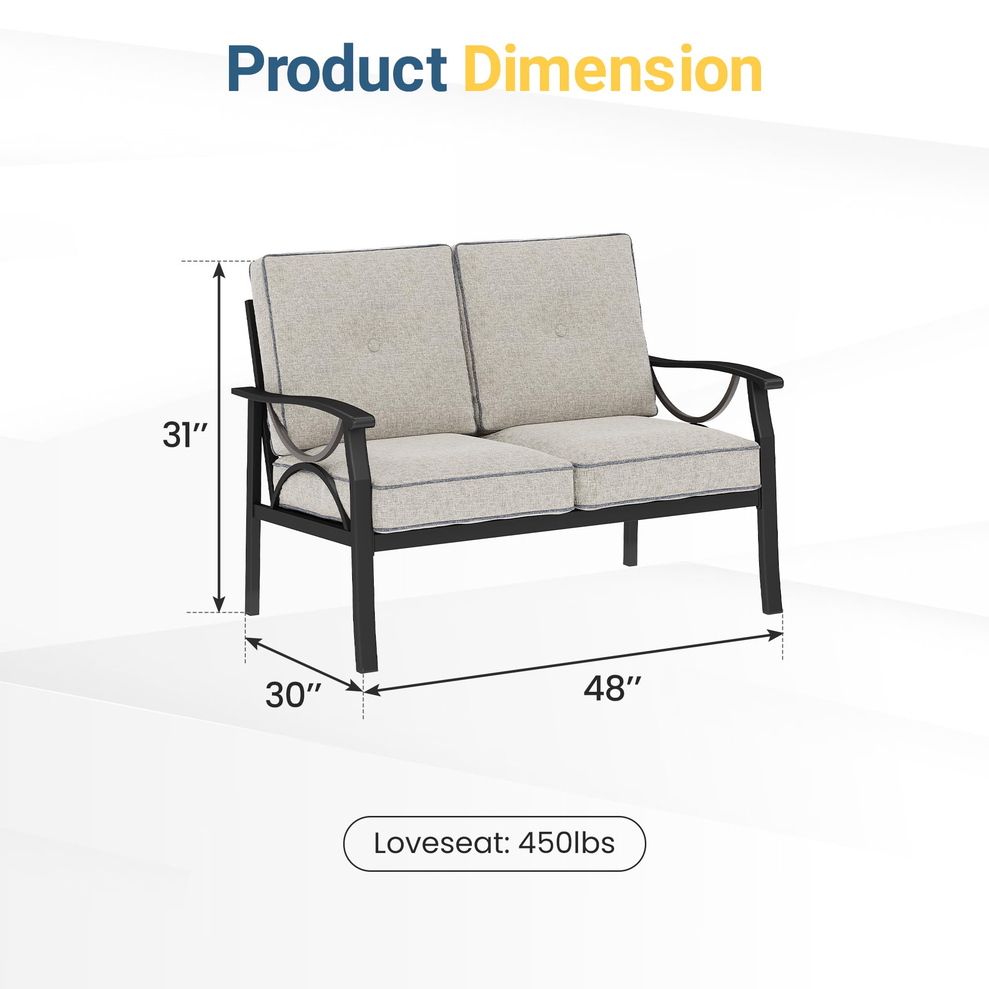 Outdoor Patio Loveseat with Cushions, Black Steel Frame