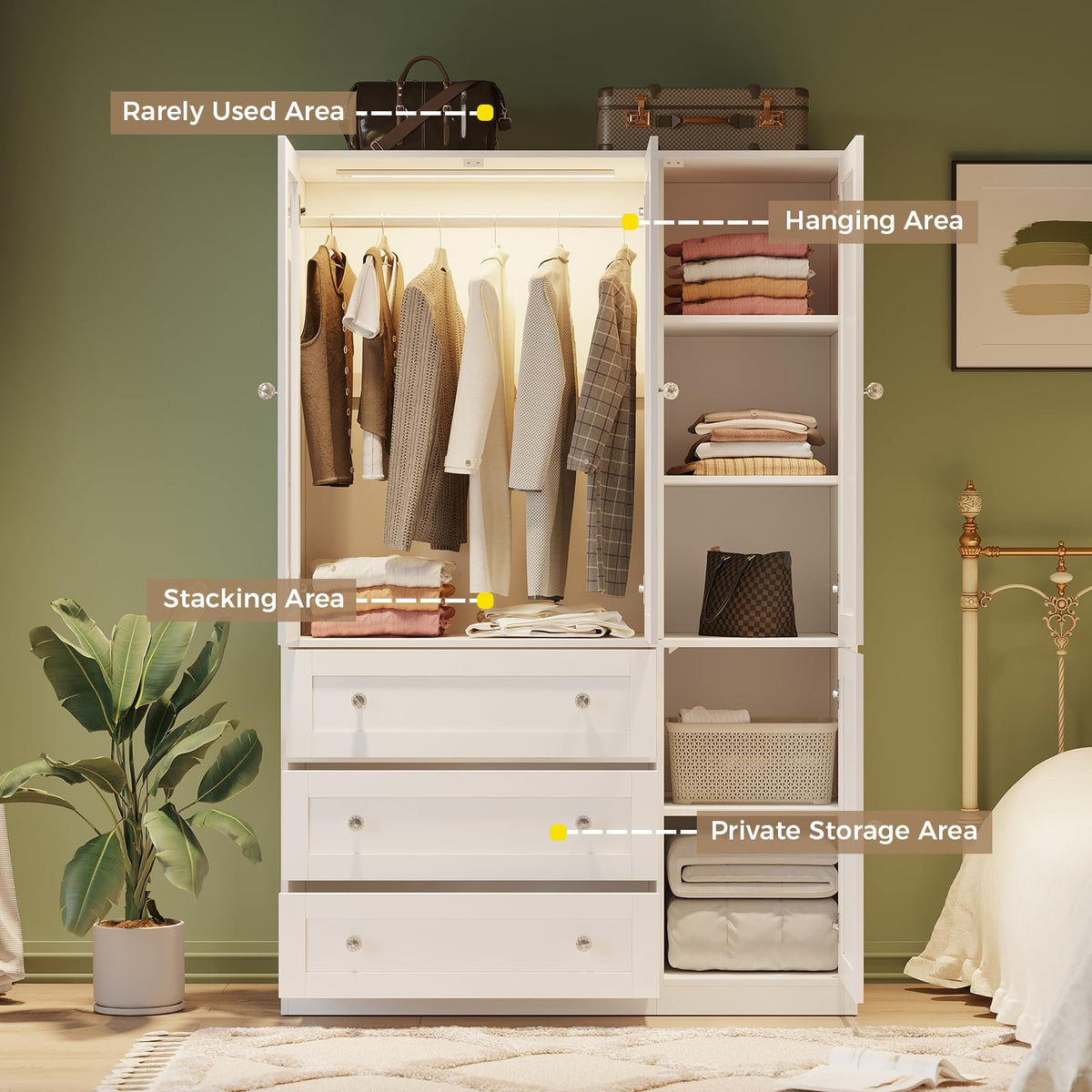 VOWNER 71" H Armoire Wardrobe Closet with LED Light Motion Sensor