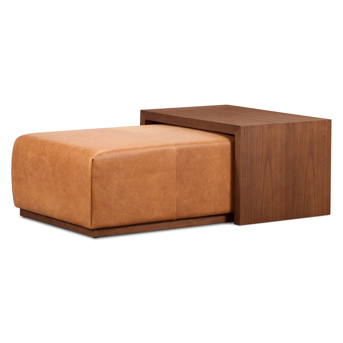 Tan Leather Ottoman with Walnut Table