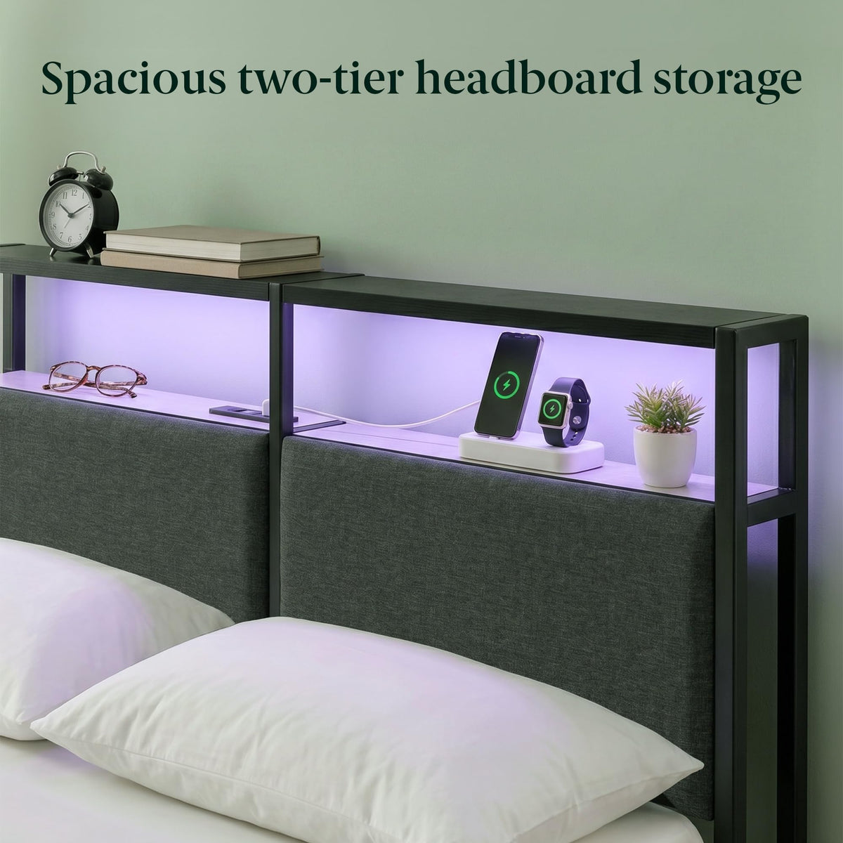 Queen Upholstered Storage Bed with LED Lights