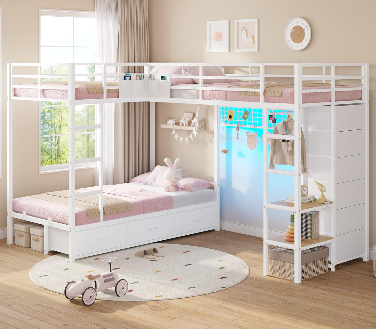 L-Shaped Triple Bunk Bed with Storage & LED Lights