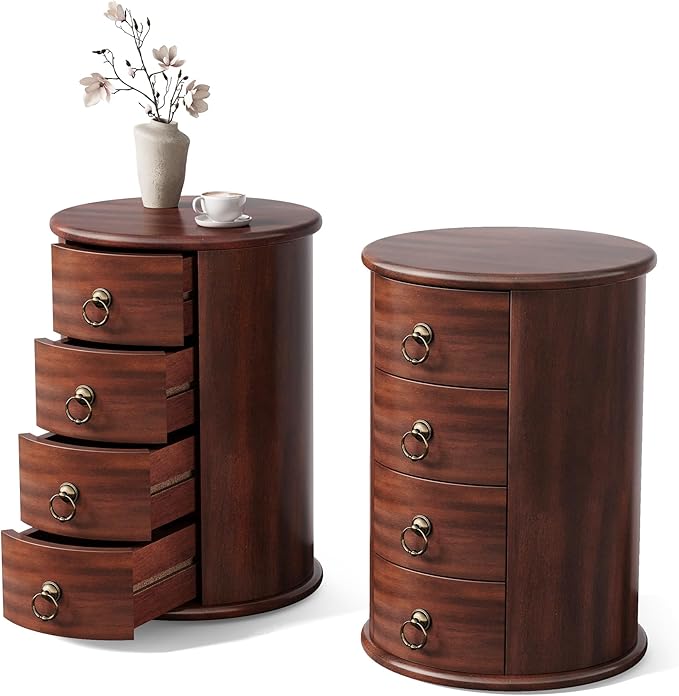 Round Solid Wood End Table with 4 Drawers