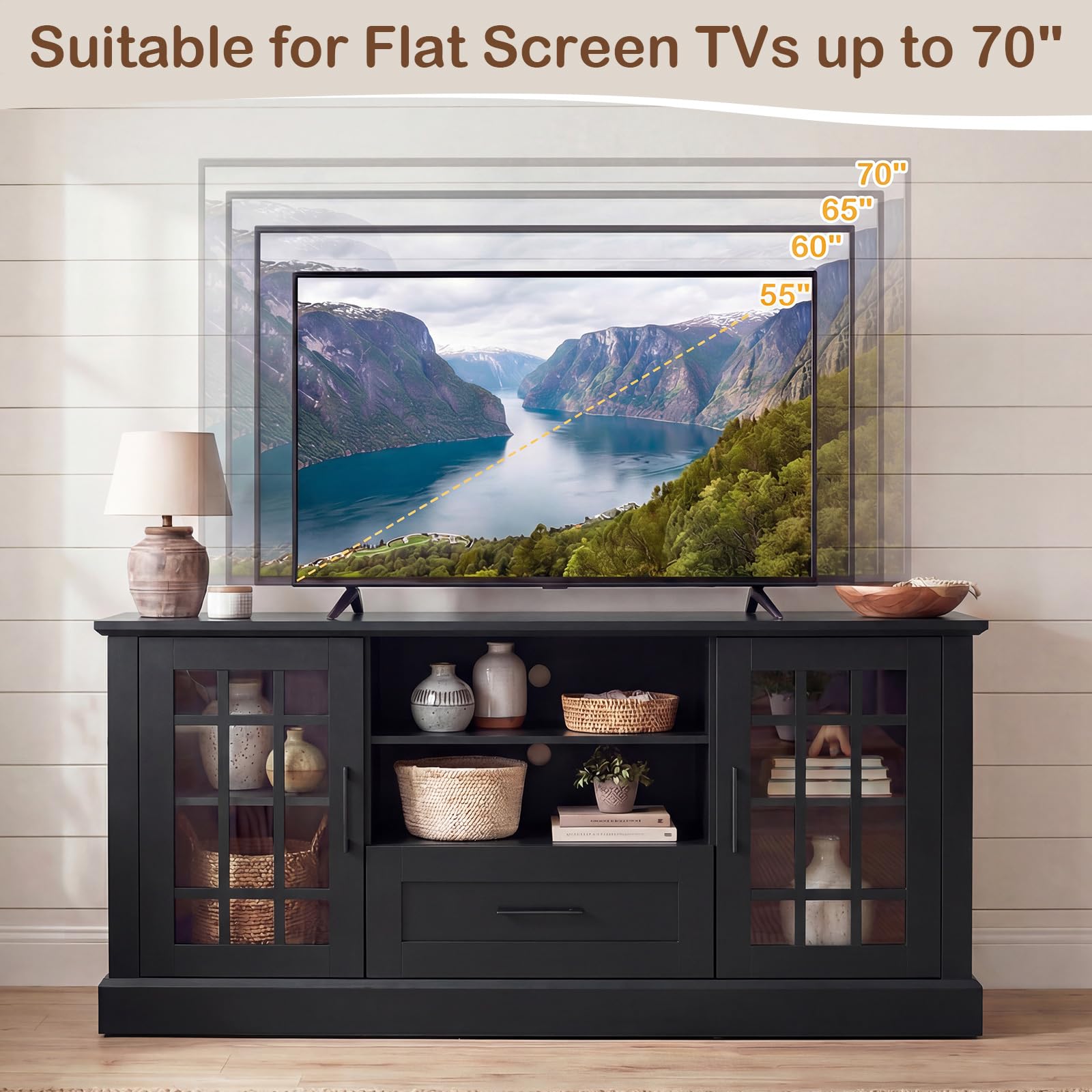 Farmhouse TV Stand with Glass Cabinets & Drawer