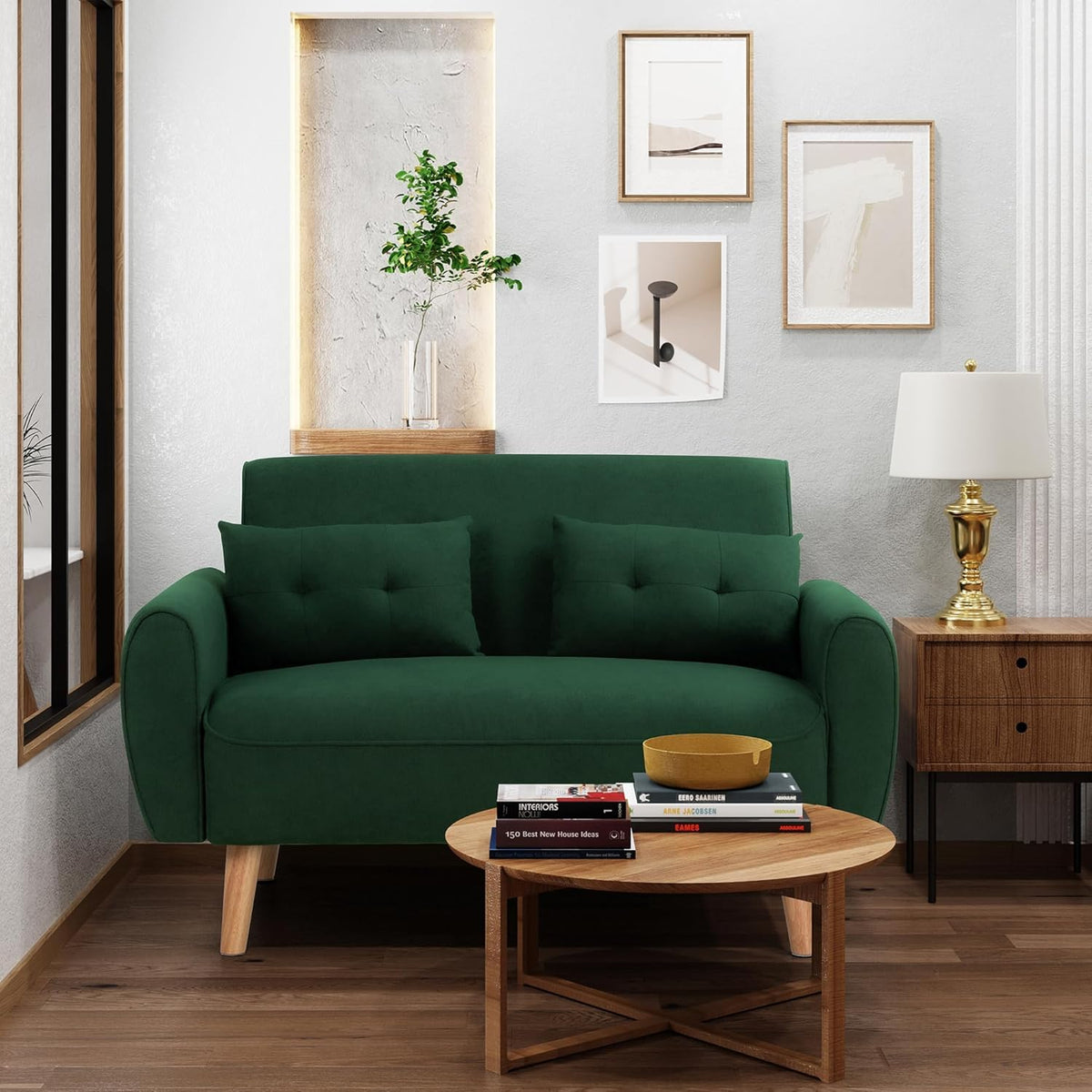 Shintenchi 48'' Loveseat Sofa, Mid-Century Modern Upholstered Couch Deep Seat with 2 Pillows, 10" Thick Cushion with Spring, Solid Wood Frame Small Couch for Living Room, Dorms & Office, Green