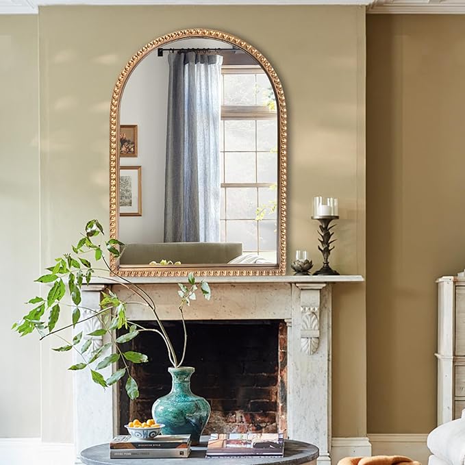 Gold Arch Full Length Wall Mirror with Antique Beaded Frame