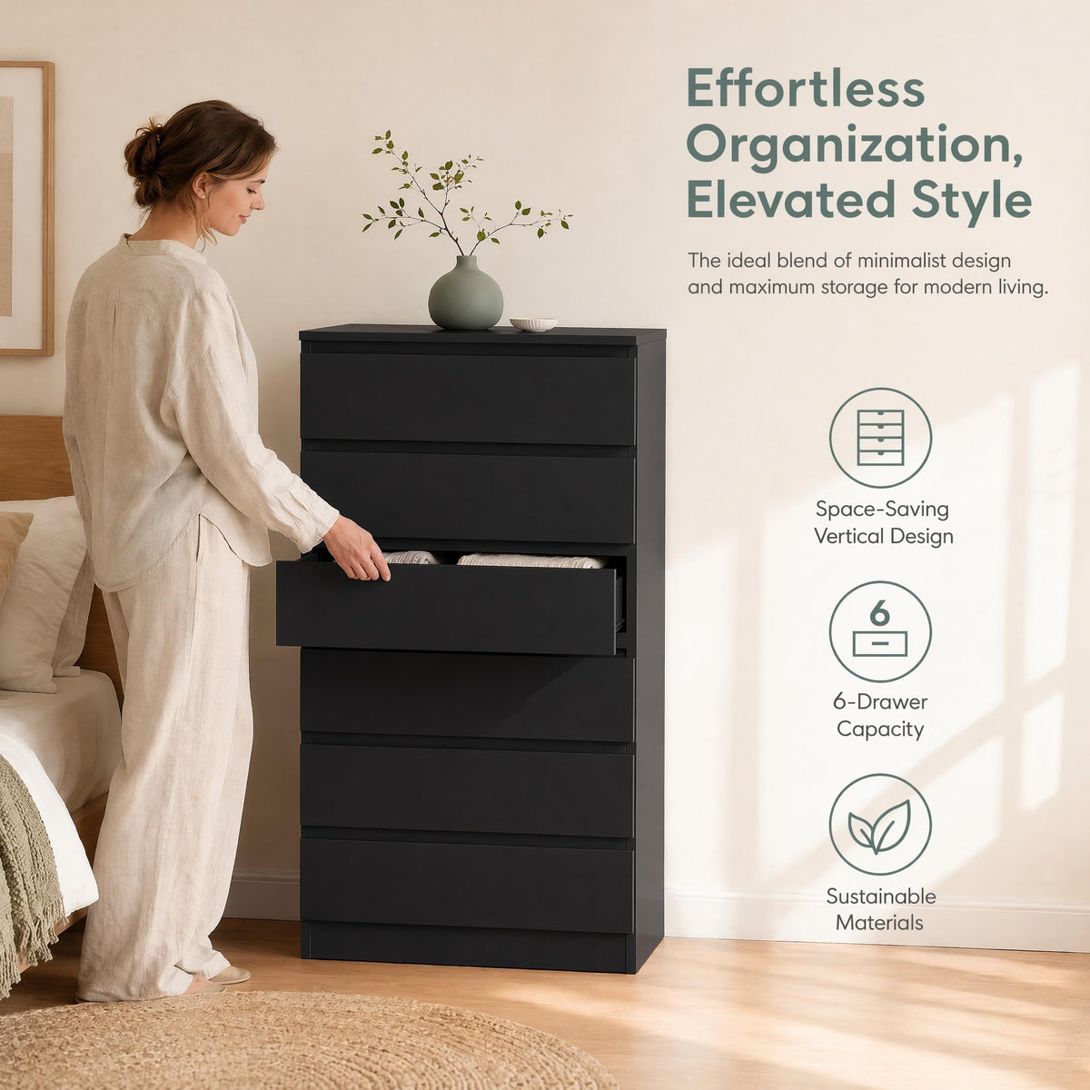Black 6-Drawer Handleless Dresser