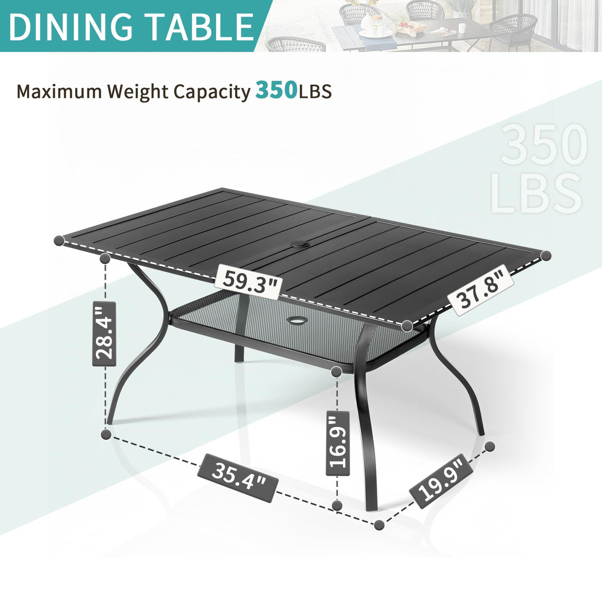 VINGLI 60" x 38" Rectangle Patio Table for 6, Metal Outdoor Dining Table with Umbrella Hole, All-Weather Steel Patio Dining Table Outdoor Table for Lawn, Garden, Backyard, Black (L60 xW38)