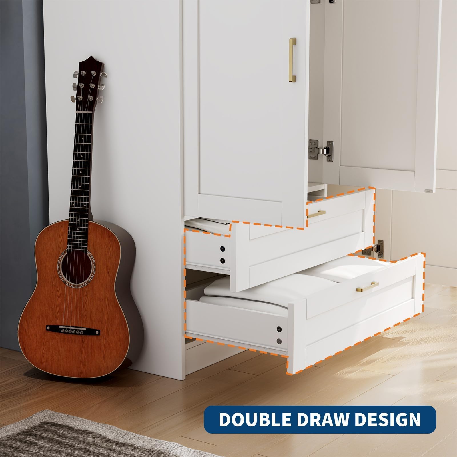 PeakPursuit Wooden Wardr.obe Closet Arm.oire, Freestanding Ward.Robe with 3 Doors, 2 Drawers for Hanging Clothes, Bedroom Large Capacity Freestanding Arm.oire