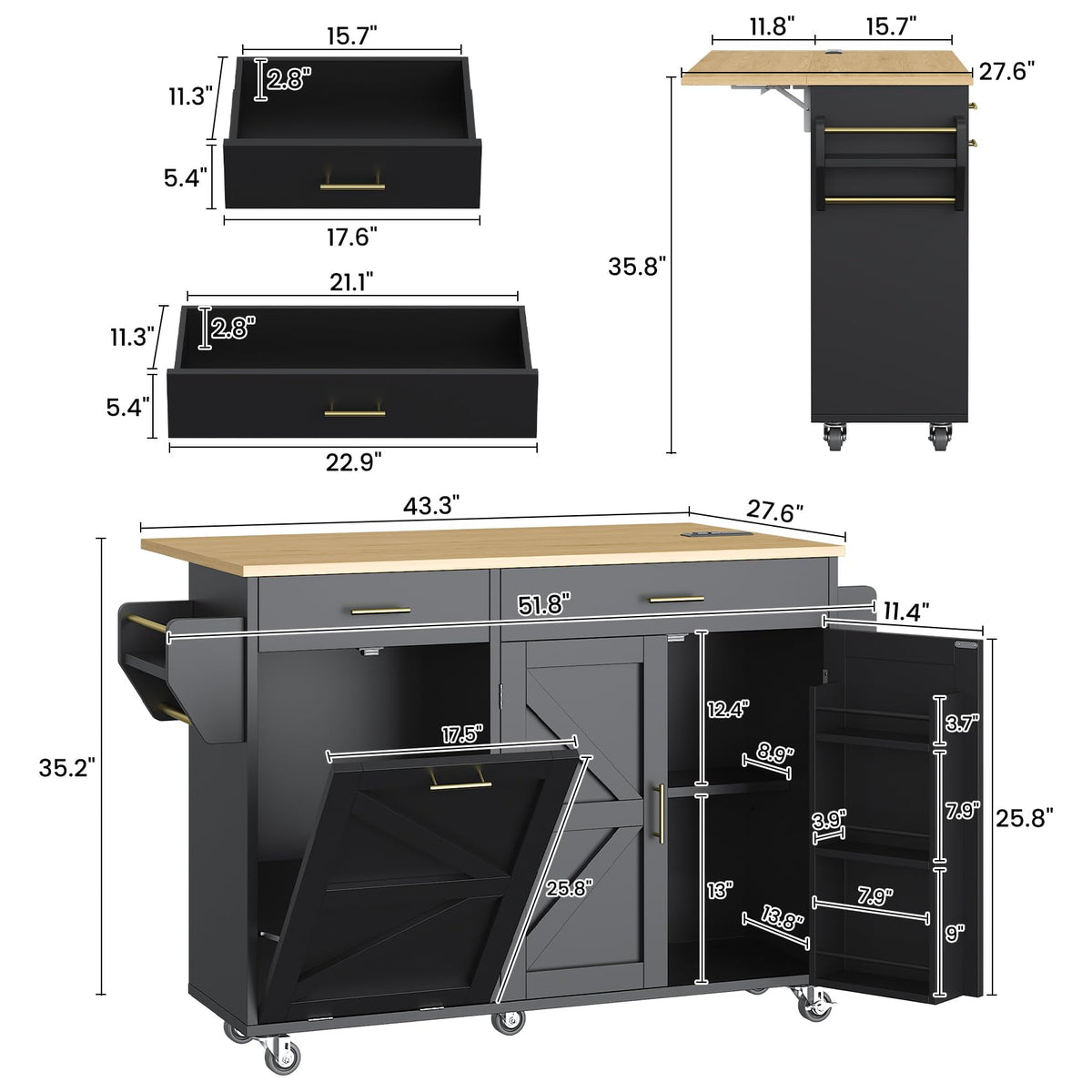 VVFLU 51.8" Kitchen Island Cart with Trash Can Storage, Kitchen Island on Wheels with Power Outlet & Drop Leaf, Rolling Kitchen Cart with Towel Rack & Spice Rack, Mobile Islands Table for Kitchen