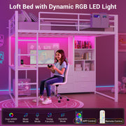 ADORNEVE Full Size Loft Bed with L Desk, 5-Tier Bookshelf, 5 Storage Drawers, LED Metal Loft Bed with Power Outlet, Loft Beds with Safety Guardrail & Ladders, No Box Spring Needed, White