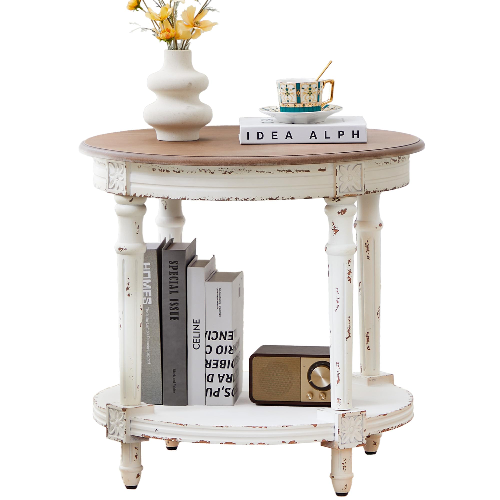BERRYMERRY 23.6" French Country Two Tone Round End Table,Chipped White Vintage 2 Tier Side Table for Living Room Small Space,Easy Assembly (White 1 PC)