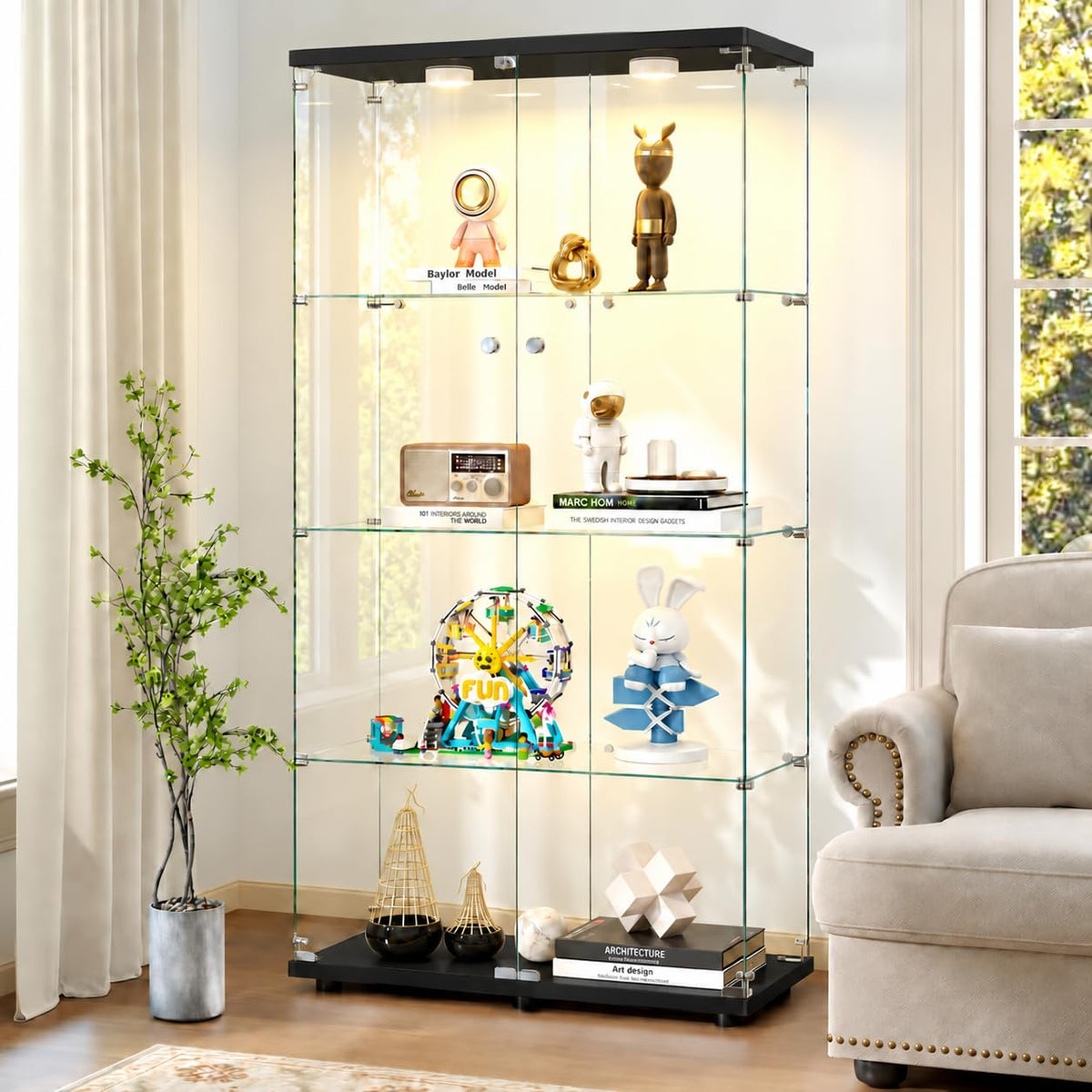 Zevemomo 4-Tier Tempered Glass Display Cabinet with Lights, Curio Cabinet with Glass Doors and Lock, Glass Display Case for Collectibles, for Living Room, Bedroom, Office, Black, Double Door