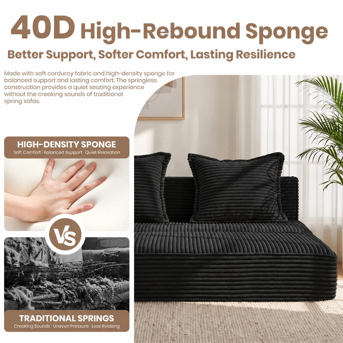AOLVDOW Convertible Sofa Bed, Boneless Couch Loveseat Sleeper Chair Bed with 2 Pillows,Corduroy Floor Futon Folding Sofa Bed for Living Room Bedroom Guest Room (Black, Loveseat)