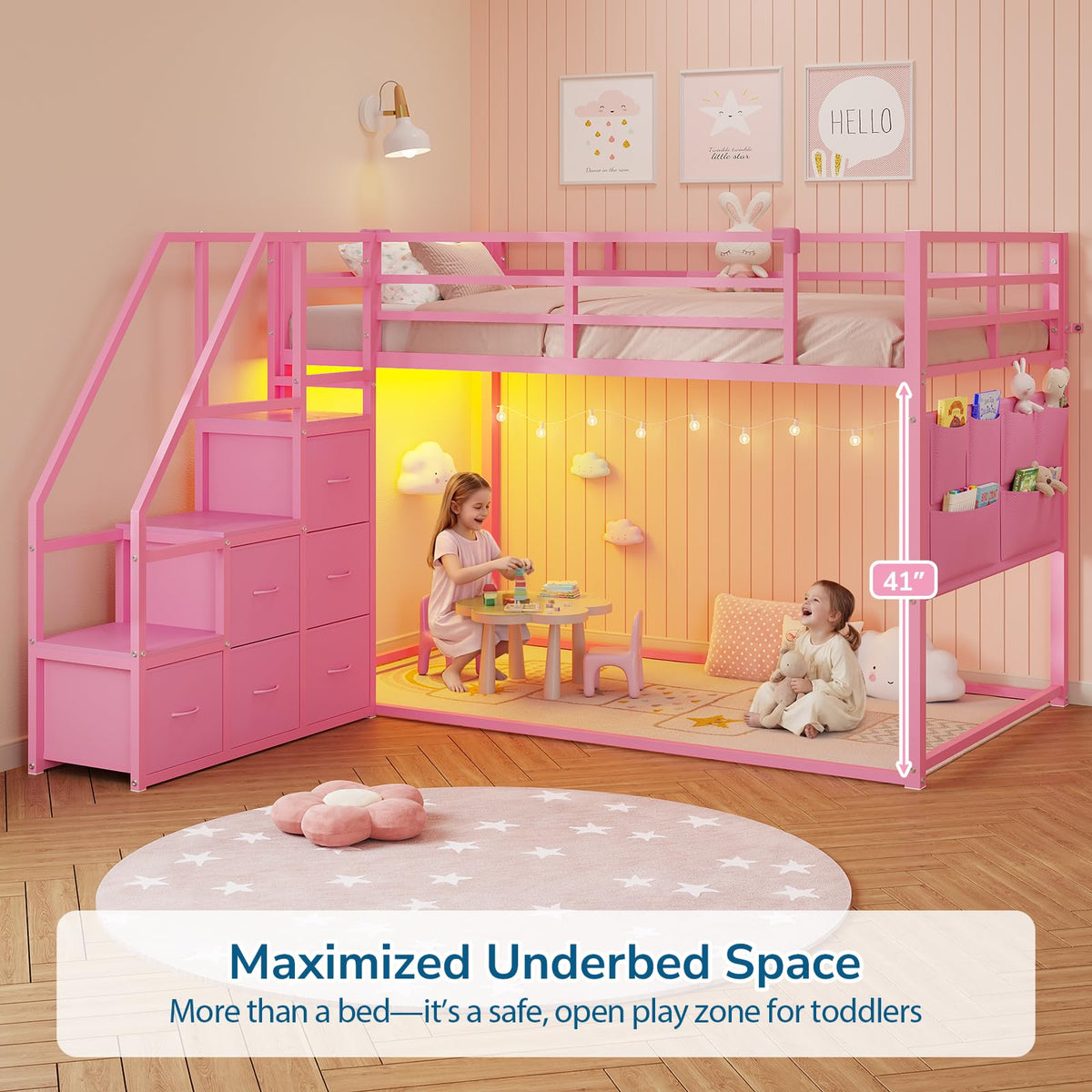Twin Bunk Bed with Storage & LED Lights