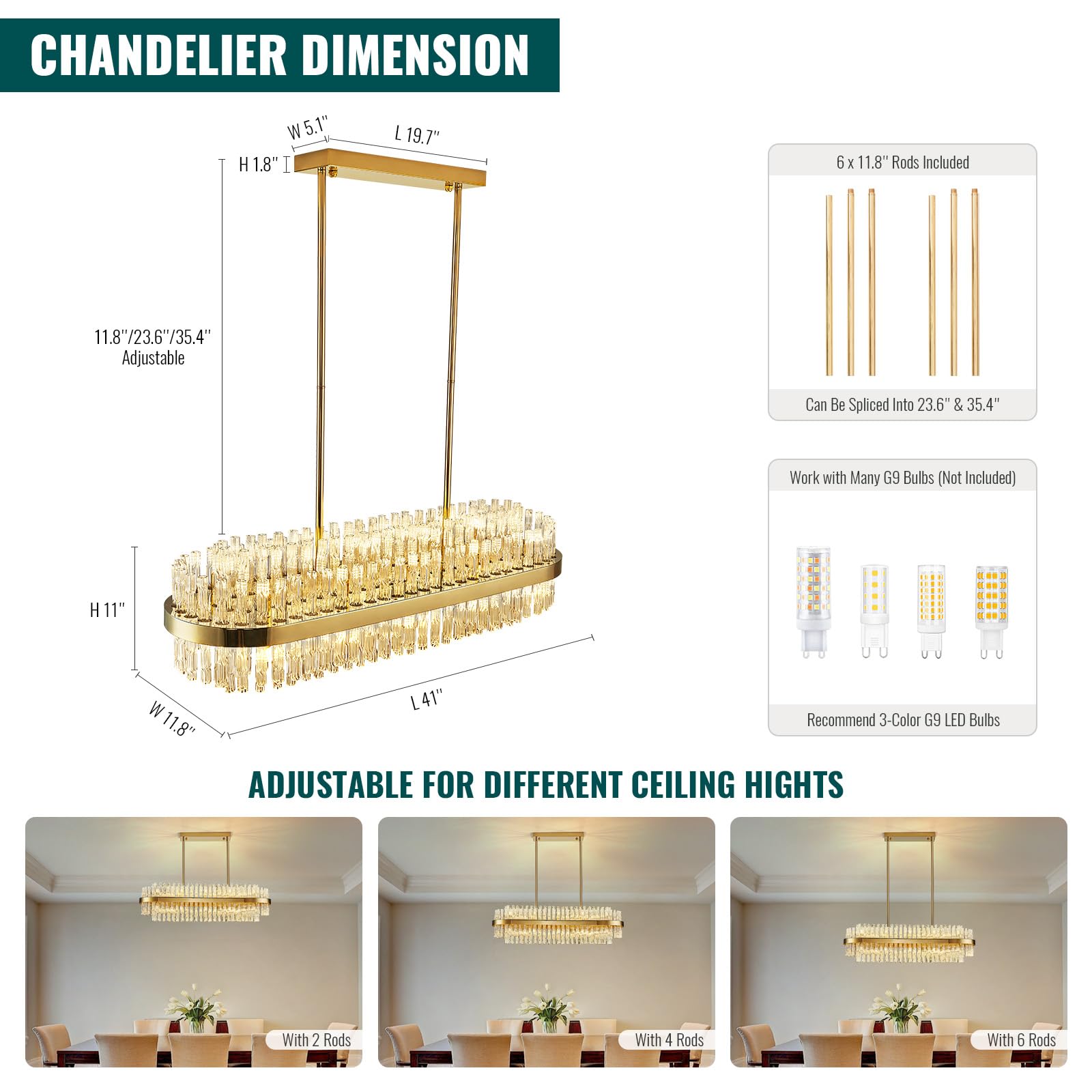Siljoy Modern Crystal Chandelier 20 Lights Gold Rectangle 2 Tiers Raindrop Chandelier Luxury Adjustable Flush Mount Oval Pendant Ceiling Light Fixture for Dining Living Room Kitchen Island L40 Inch