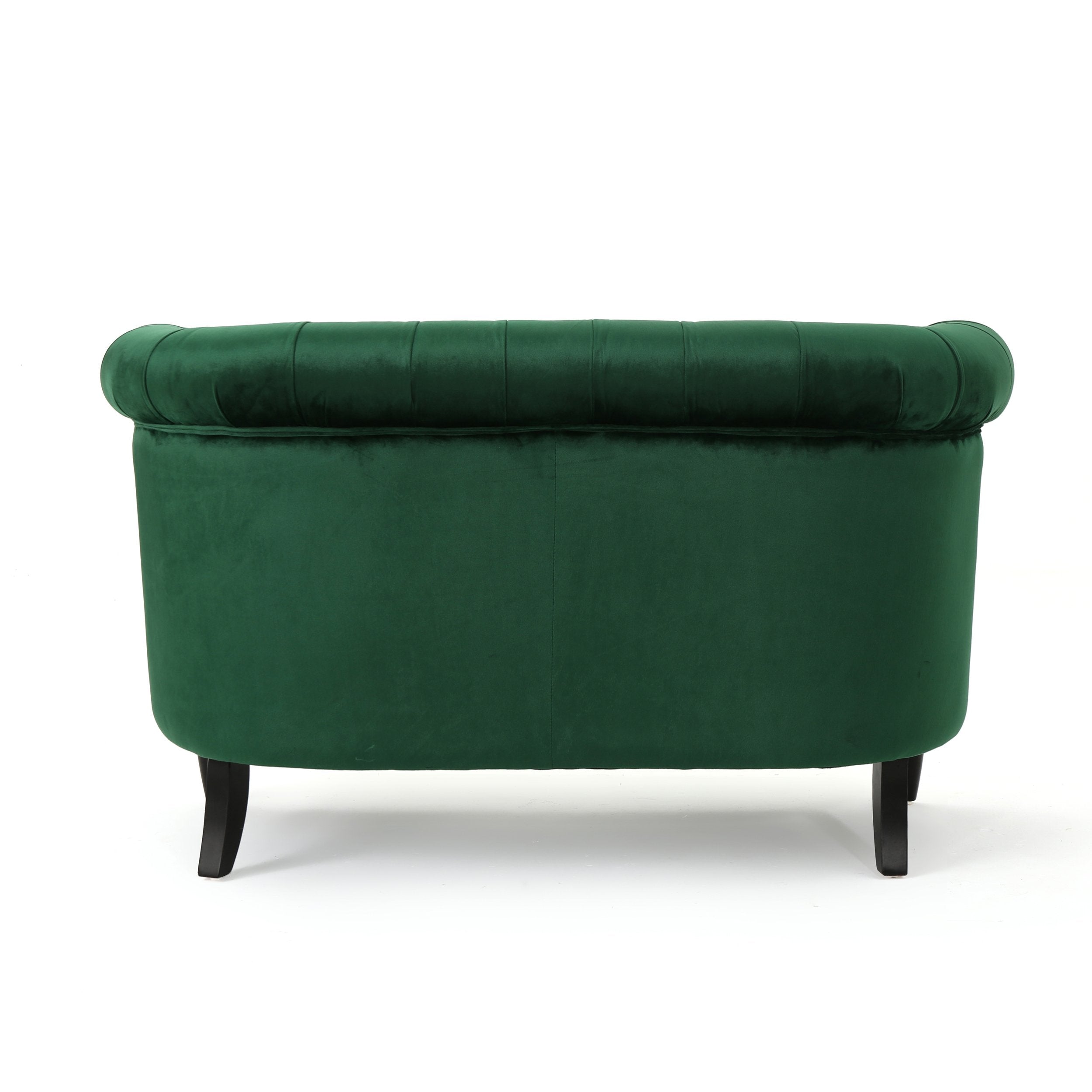 GDFStudio Melaina Tufted Chesterfield Velvet Loveseat with Scrolled Arms, Emerald and Dark Brown.
