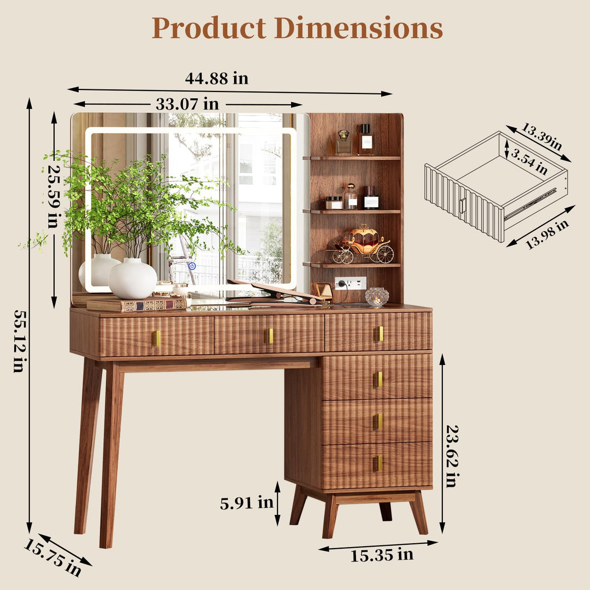 Walnut Makeup Vanity with LED Mirror