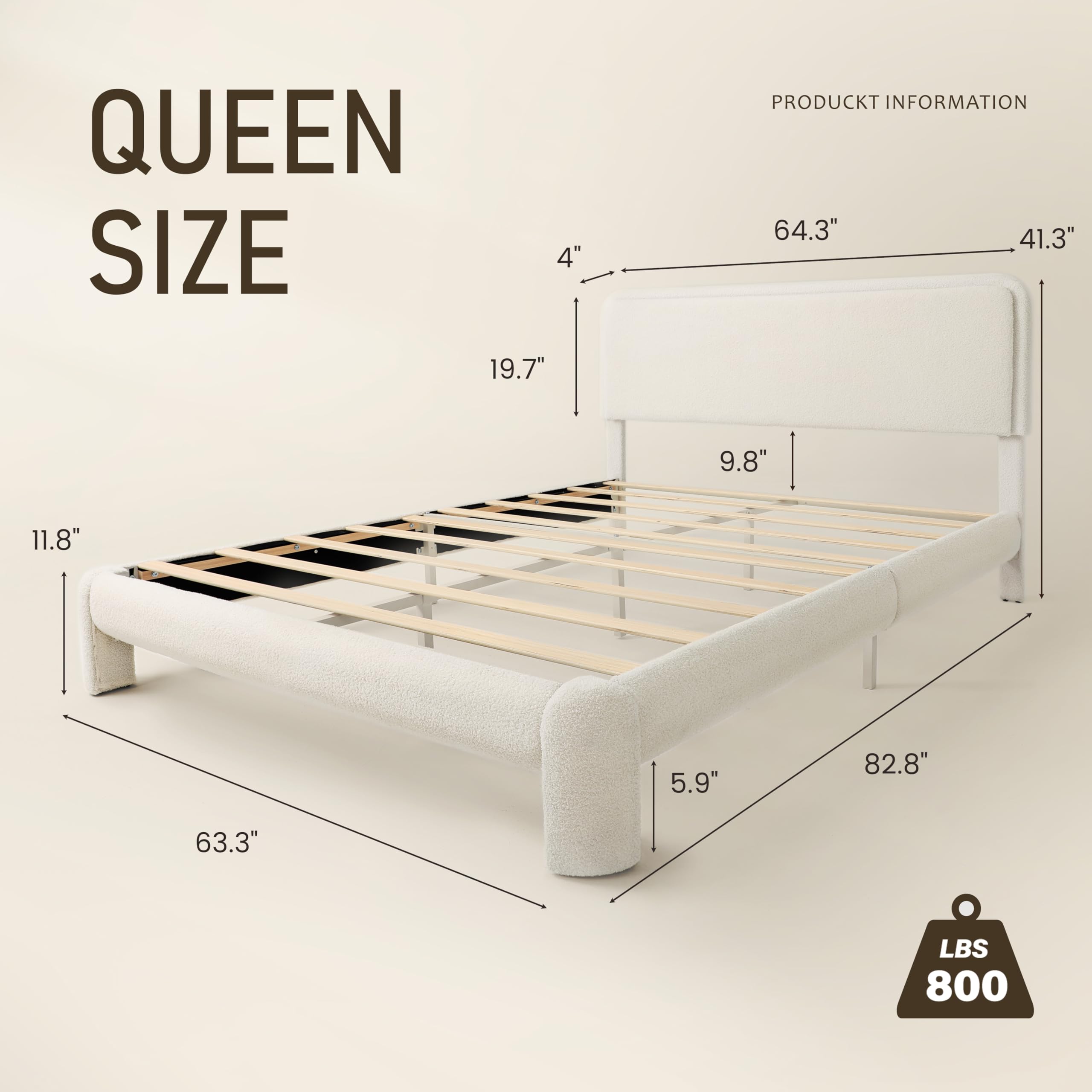 Queen Boucle Upholstered Bed Frame with Charging Station & LED Light