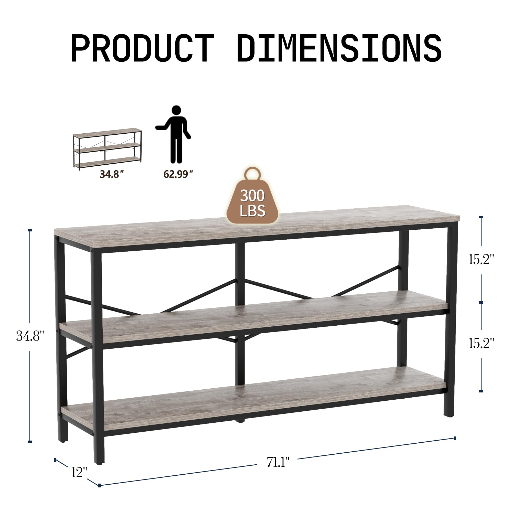 Vida Vistoso 71 Inch Industrial Console Table Behind Couch, Extra Long Sofa Table with 3 Tier Wood Storage Shelves, TV Table with Metal Frame for Living Room, Foyer, Hallway (Oak Grey)
