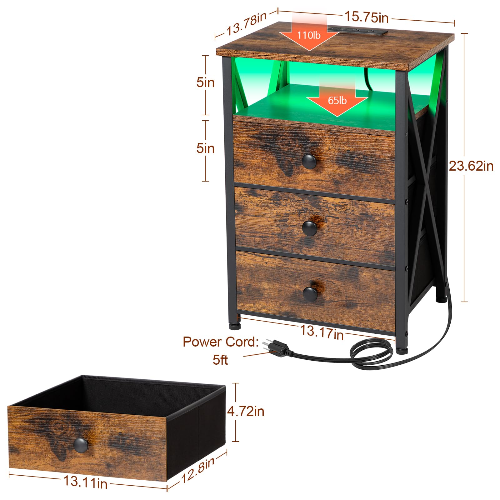 AMHANCIBLE Night Stand Set 2, LED Nightstand with Charging Station, End Side Tables with USB Port & Outlet, Bedside Tables with 3 Fabric Drawers for Bedroom, Rustic Brown HET053LBR