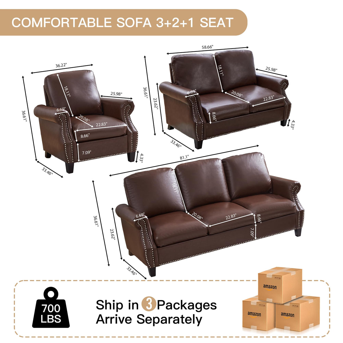 Brown PU Leather Sofa Set, 3-Piece
