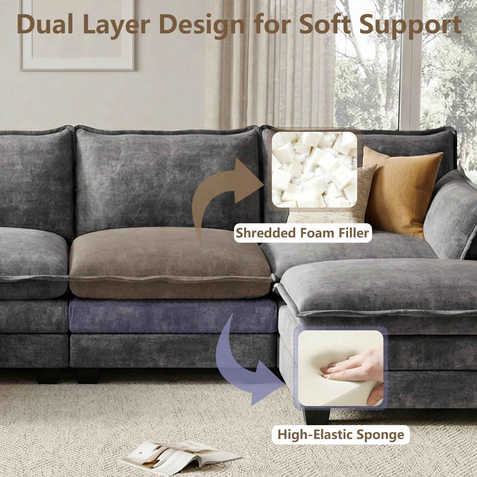 Hawarida Modular Sectional U Shaped Sofa Couches for Living Room, Cloud Couch with Movable Ottoman, Comfy Chenille Sofa with Pillow for Bedroom and Apartment, Dark Grey