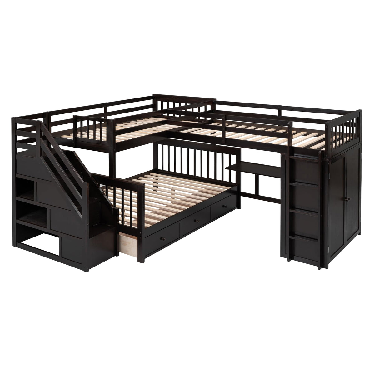 Bellemave L Shaped Triple Bunk Bed with Storage Staircase, Wardrobe, Desk & Drawers, Wooden Bunk Bed for 3 Kids, Twin Over Full Bunk Beds, L-Shaped Loft Bed for Kids, Teens, Adults (Espresso)