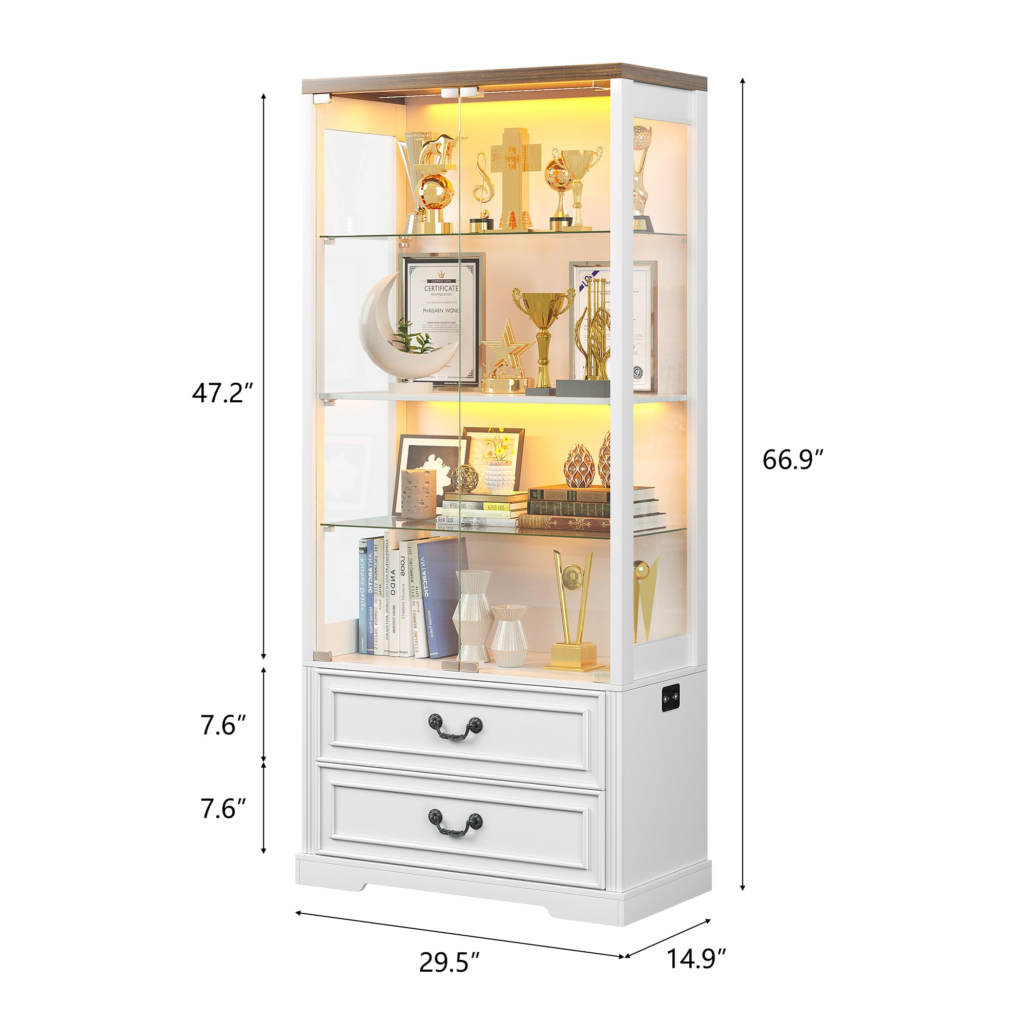 4-Tier Glass Display Cabinet with 2 Drawers, Tri-Color LED Sensor Lights & Pop-Up Door – 67"