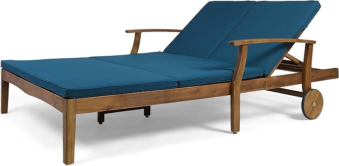 Double Chaise Lounge with Acacia Wood Frame & Water-Resistant Cushions