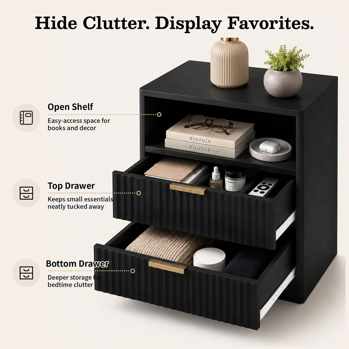 Black Fluted Nightstands Set of 2