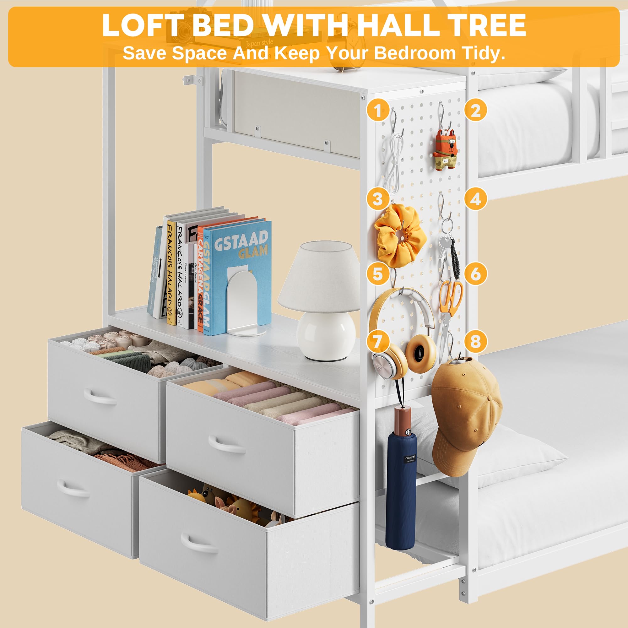 Twin Over Twin Bunk Bed with Hall Tree & Storage