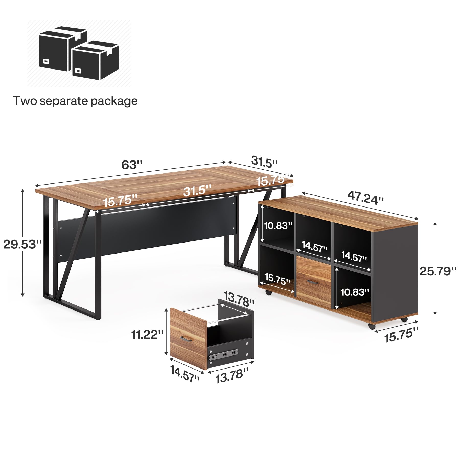 Tribesigns 63-Inch Executive Desk with 47" Mobile File Cabinet, L-Shaped Computer Desk with Drawers & Shelves, Large Industrial Home Office Desk Set with Storage (Dark Brown & Black)