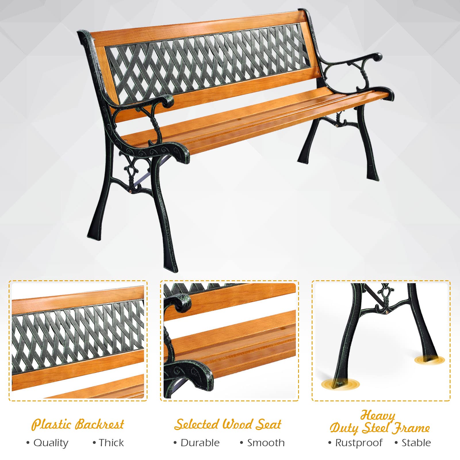 S AFSTAR Garden Bench, Pine Park Bench Porch Bench with Diamond Weaving Backrest, 470 LBS Bearing Capacity, Weatherproof Outdoor Wood Bench for Backyard Deck Lawn Poolside