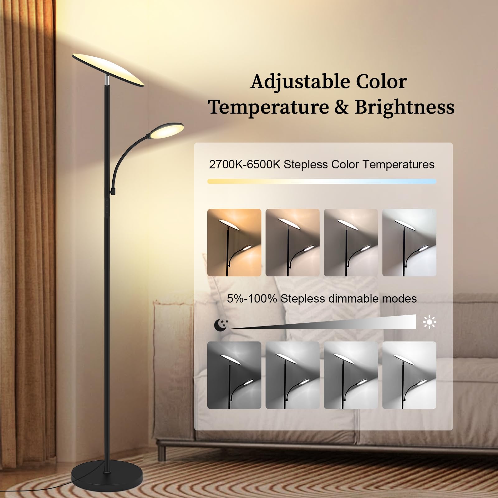 Floor Lamp, Upgraded 42W 4500LM Super Bright LED Floor Lamp with Rotatable Reading Light, Touch Remote Control & Memory Function, Stepless Dimmable Standing Lamp for Living Room Bedroom Office, Black