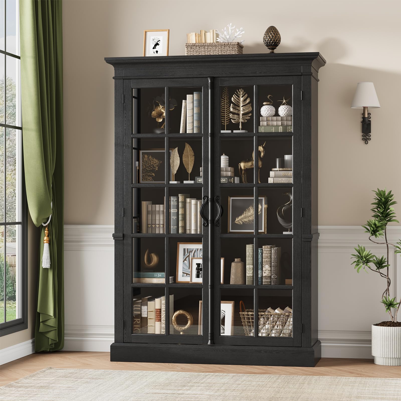 65" Farmhouse Display Cabinet with Glass Doors & Adjustable Shelves