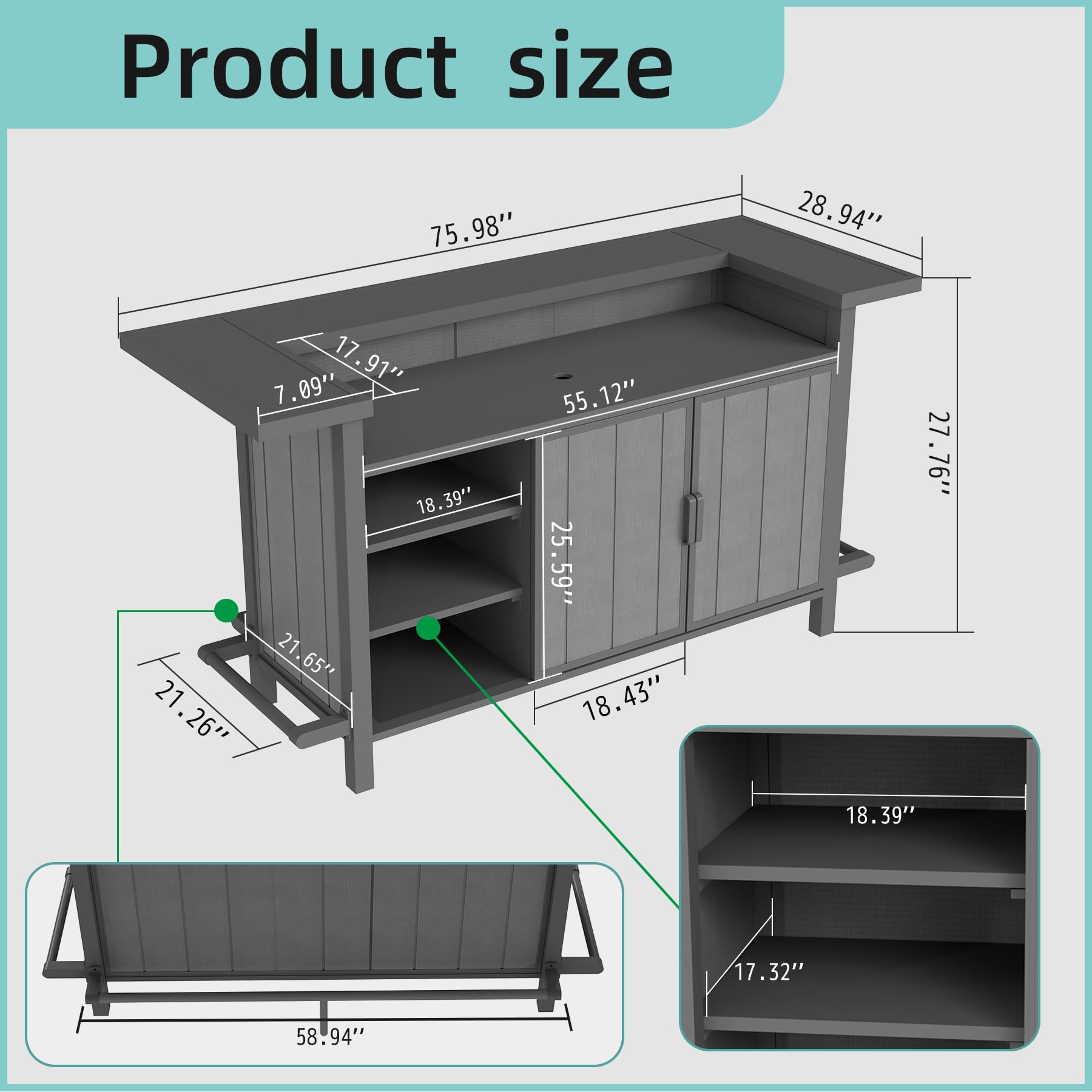 Domi Outdoor Bar Table, Home Bar Unit with Aluminum Frame, Patio Bar Table with Storage Cabinet & Footrest, Liquor Cabinet Bar for Patio Backyard Home Kitchen, Gray, 75.98" x 28.94"