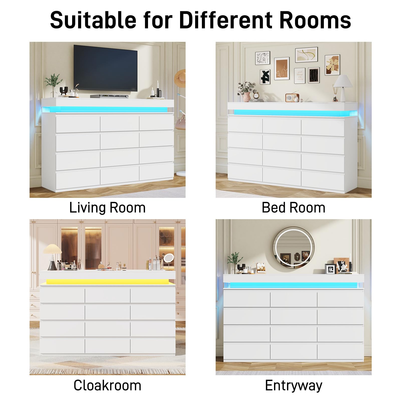 chartustriable 12 Drawer Dresser for Bedroom, 70" Wide 44" Tall Dresser with LED Light & Charging Station, Modern Chest of Drawers for Closet, Living Room, Entryway, Hallway (White, 12 Drawers)