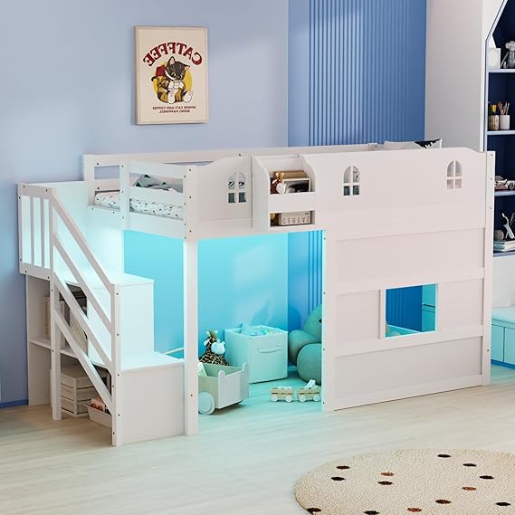 Twin Low Loft Bed with LED Lights & Storage