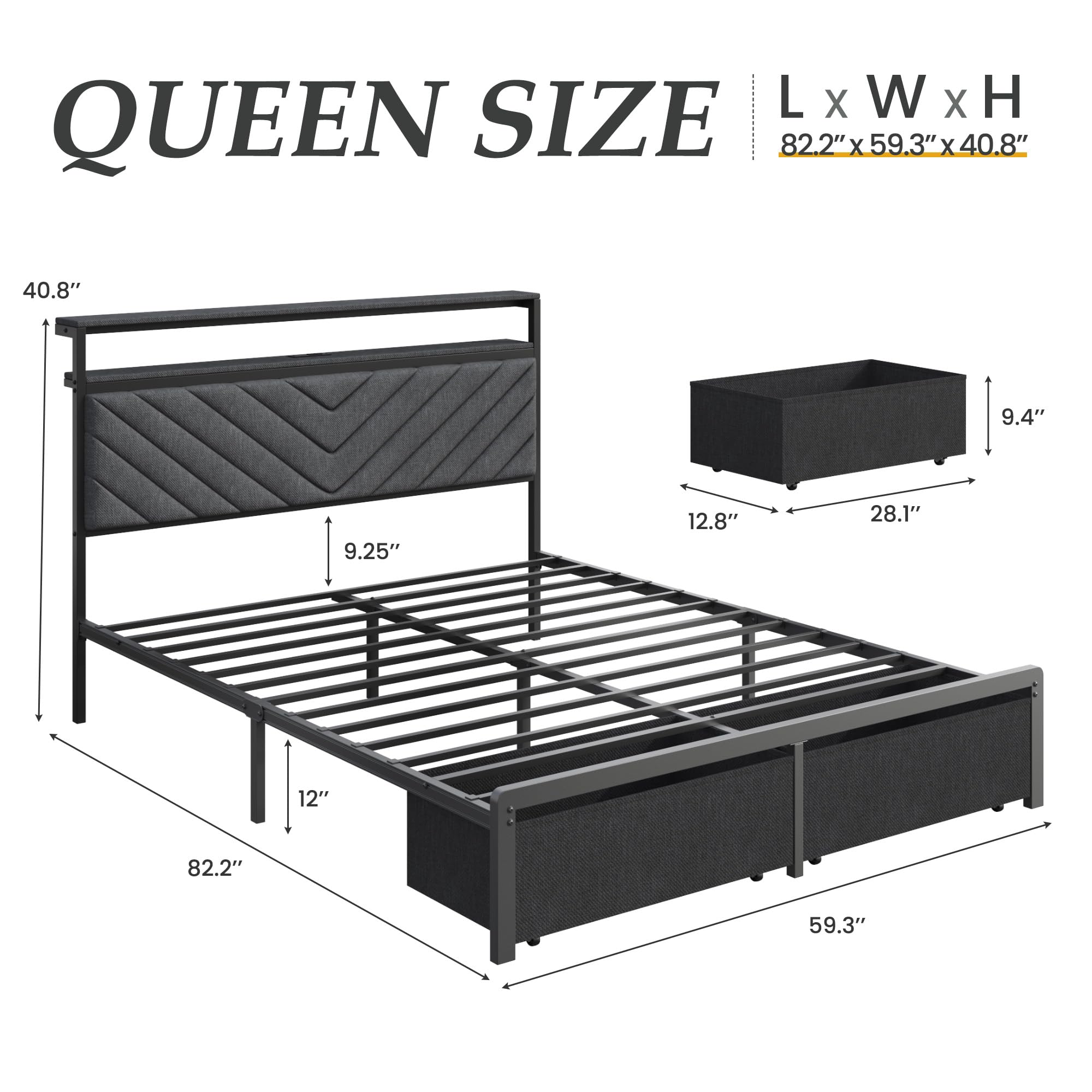 Upholstered Bed Frame with Storage Drawers, Charging Headboard & LED Lights