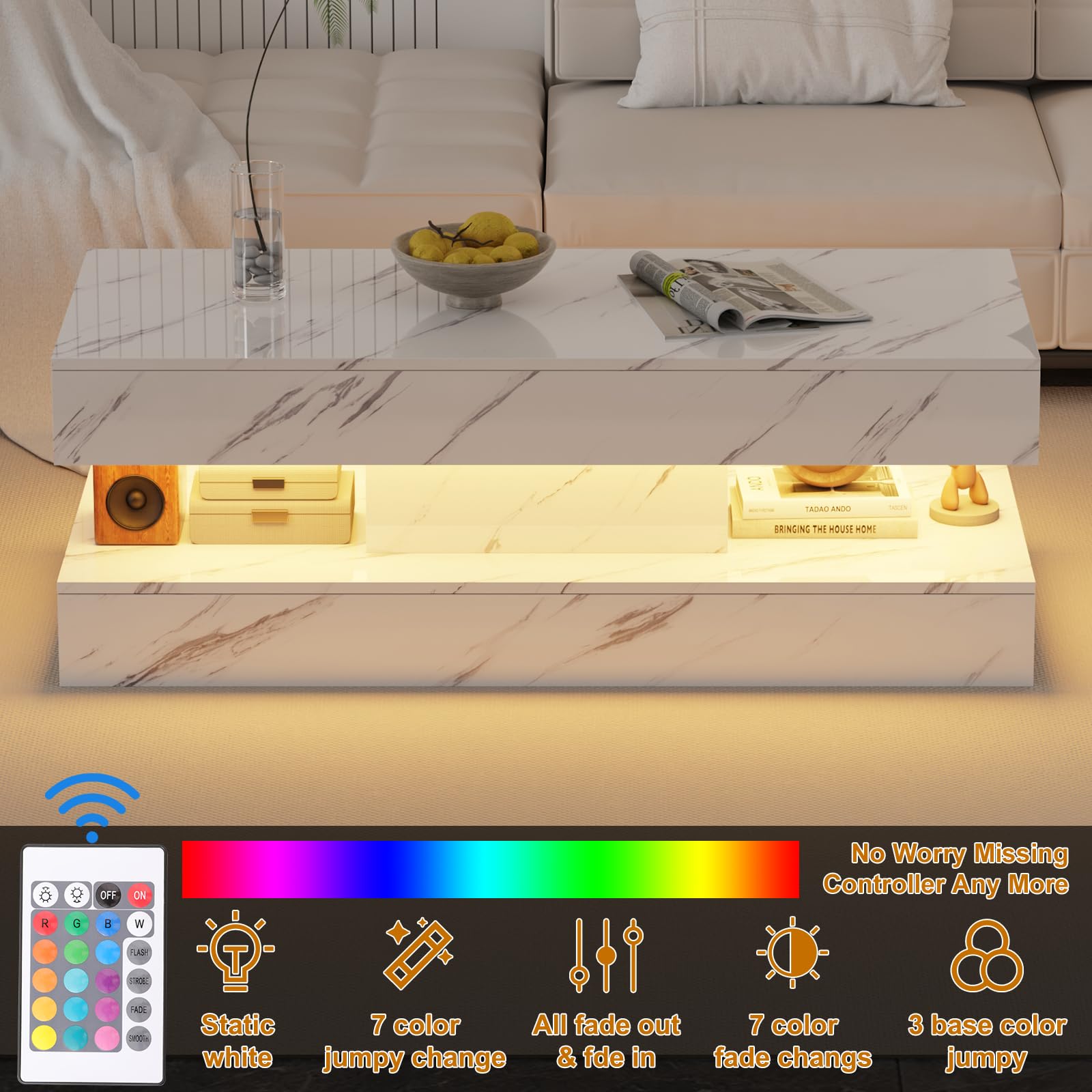 LSHUIZHU 47.2 Inch Coffee Table with LED Lights, Modern High-Gloss Open Shelf Design, 2-Tier Floating Center Table with Illumination, Large LED Coffee Table for Living Room(White)
