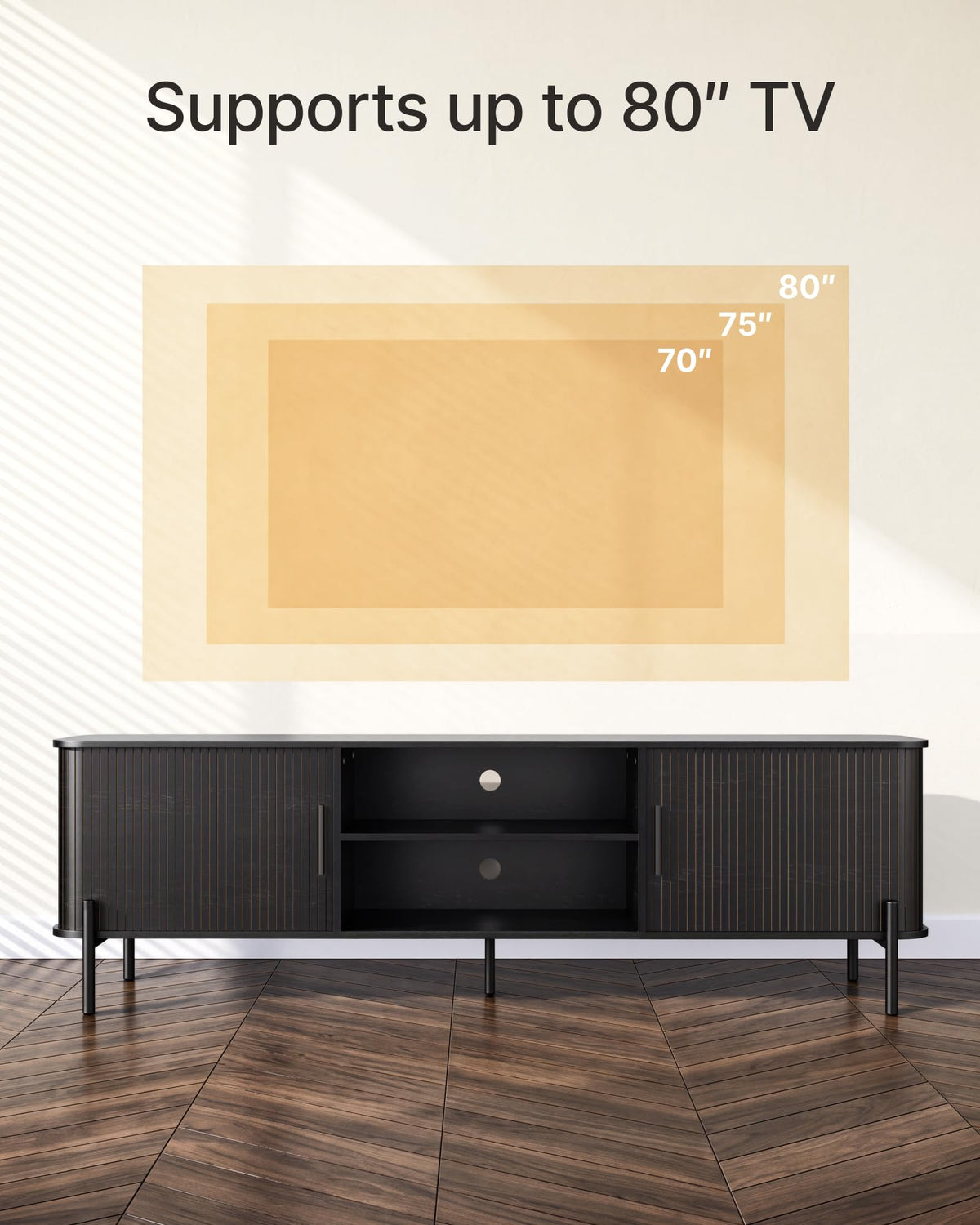 SUNCOZE 70" Mid-Century Fluted TV Stand with Storage up to 80 Inch, Black