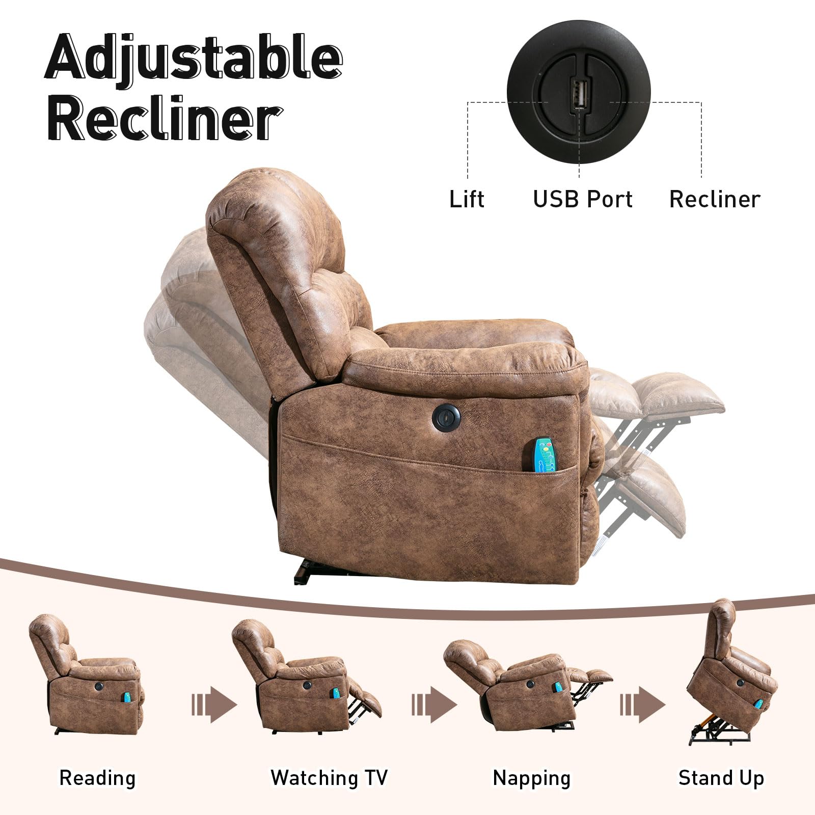 Bonzy Home Power Lift Chairs Recliner with Massage and Heating, Electric Recliner Chair with 24" Wide Seat for Big People, Full Padded Backrest, Waterproof Faux Leather, USB Charging Ports, Brown