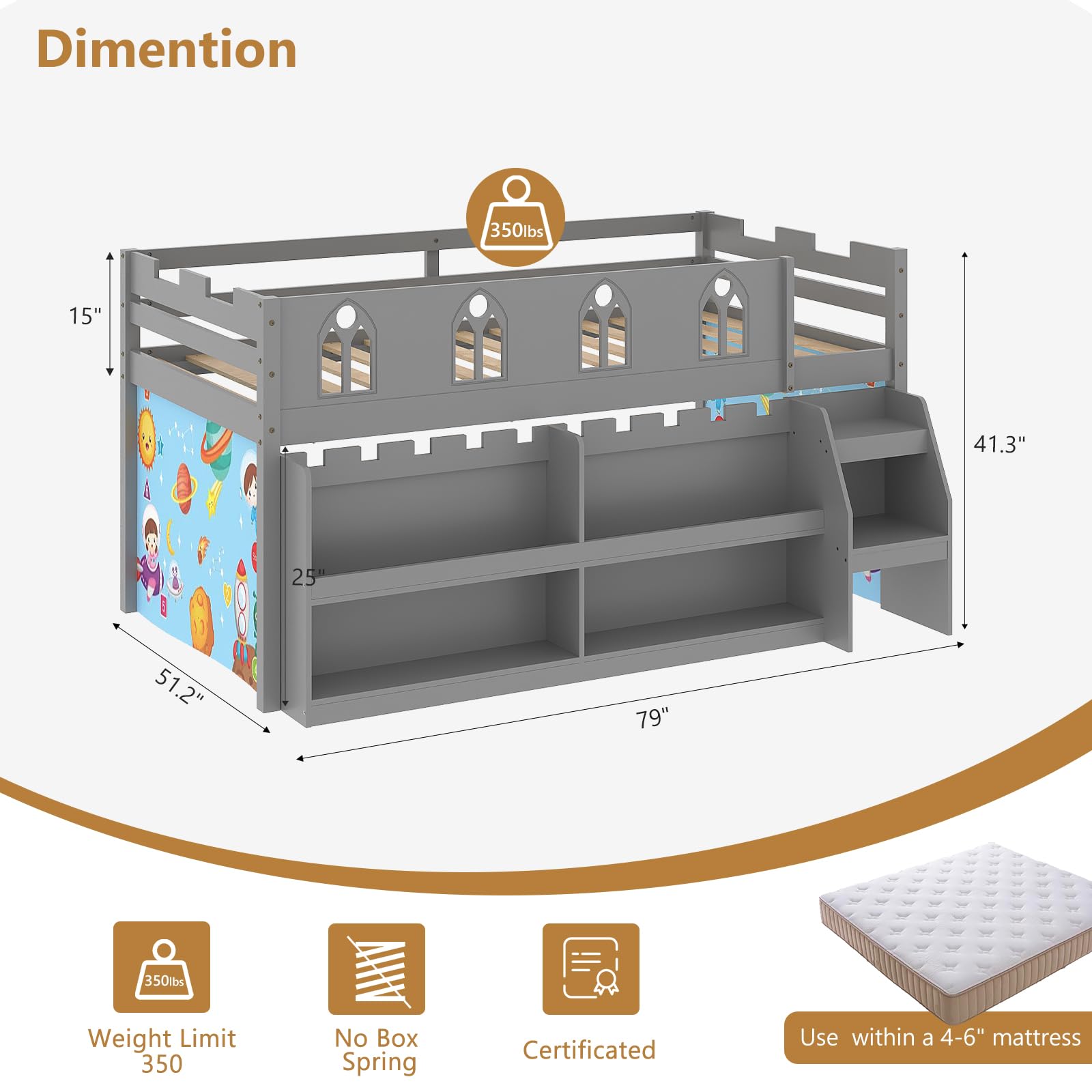 Twin Low Loft Bed with LED Lights & Storage