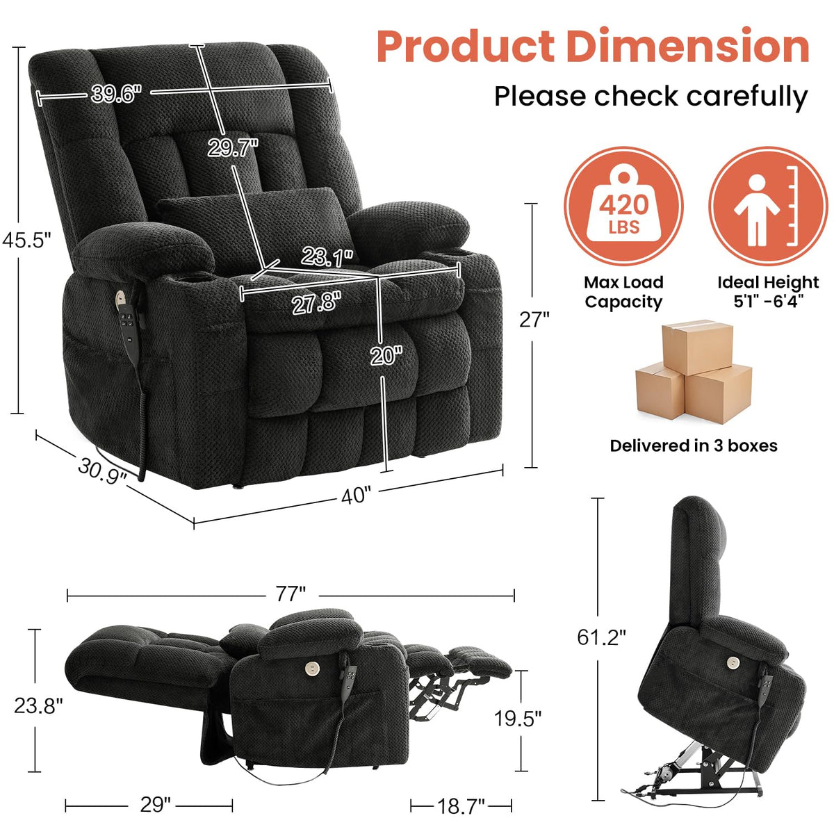 Dual Motor Power Lift Recliner Chair for Elderly, Lay Flat Lift Chair