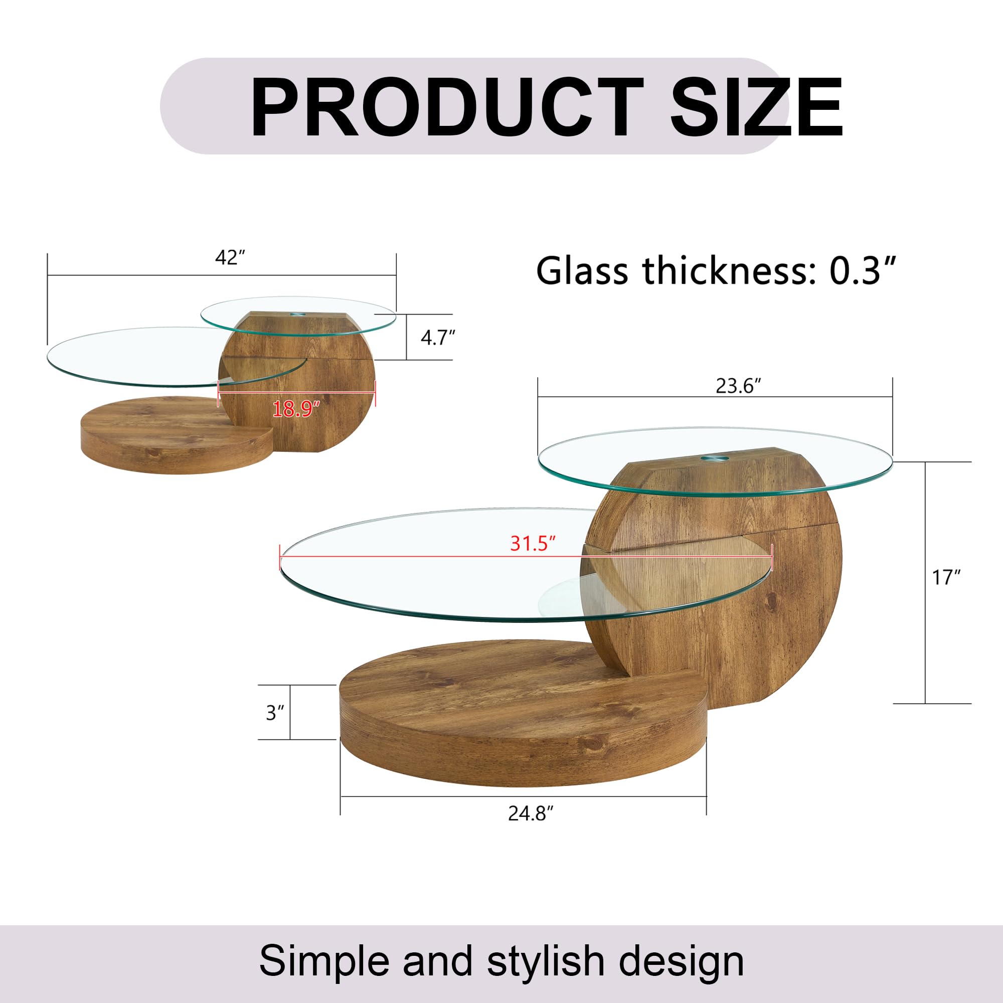Round Glass Coffee Table with Wood Base & 3-Tier Storage