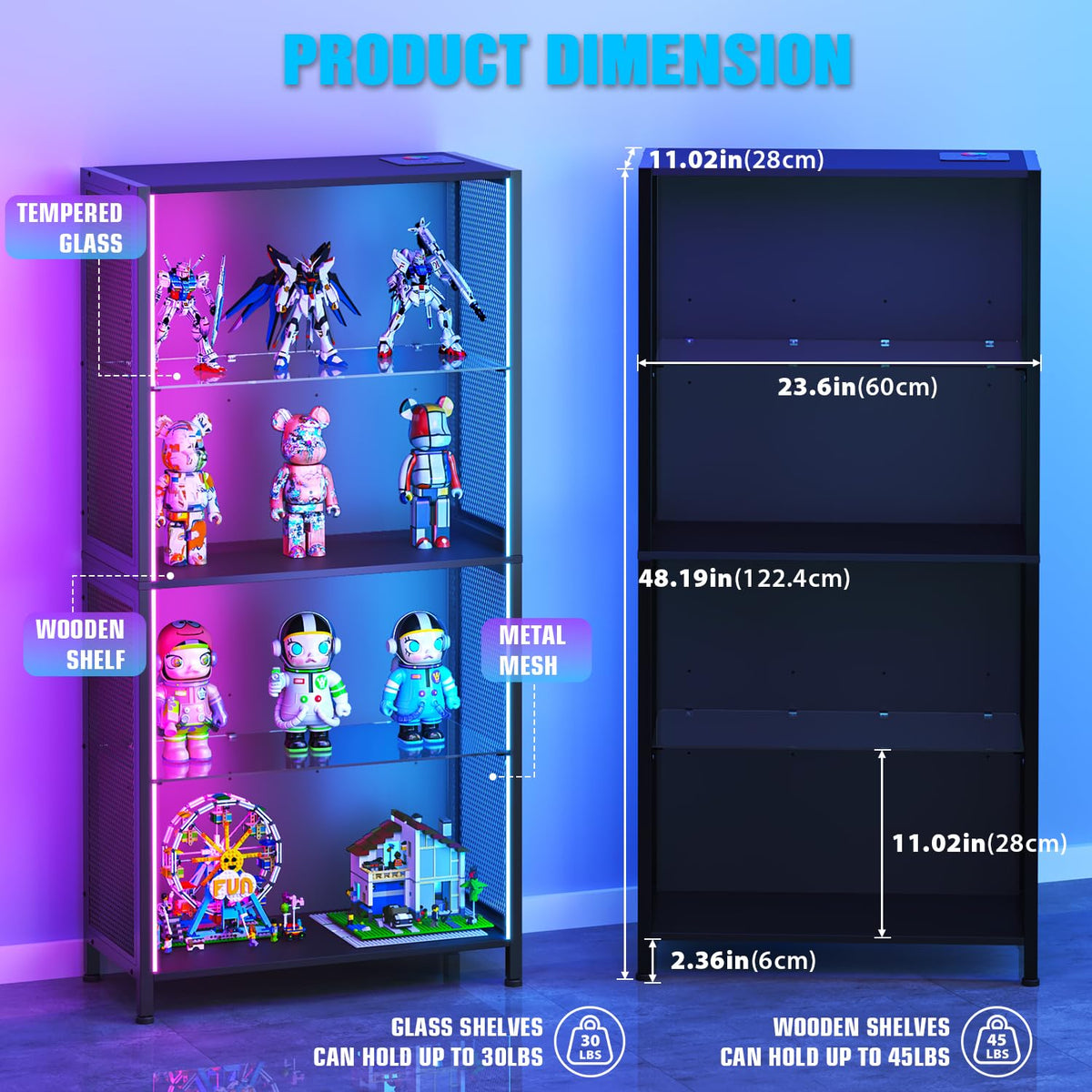 4-Tier Display Cabinet with RGB Lights and Glass Shelves