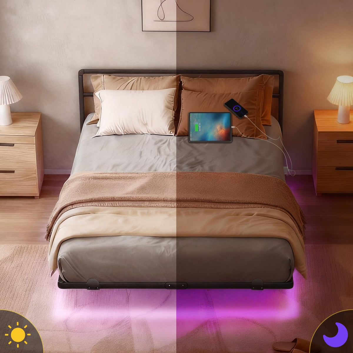 AGXI Queen Bed Frame with Headboard, 14 Inch Floating Bed with Smart LED Lights and USB Charging Station, Easy Assembly, No Box Spring Needed