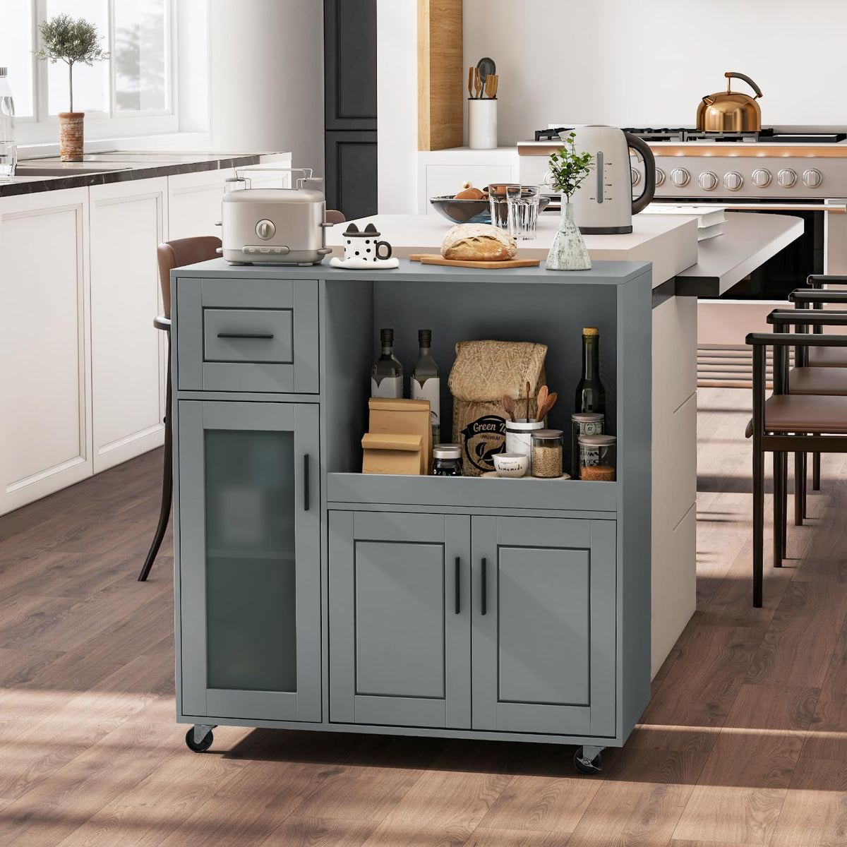 GIANTEX Kitchen Island Cart with Storage, Rolling Island Table with Drawer, Glass Door, Adjustable Shelf, Bar Coffee Microwave Cart On Wheels for Dining Room, Grey