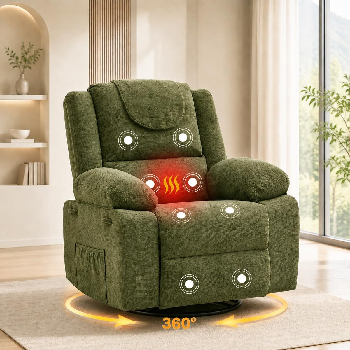 Swivel Rocking Recliner Chair with Massage & Heat for Adults, with Footrest