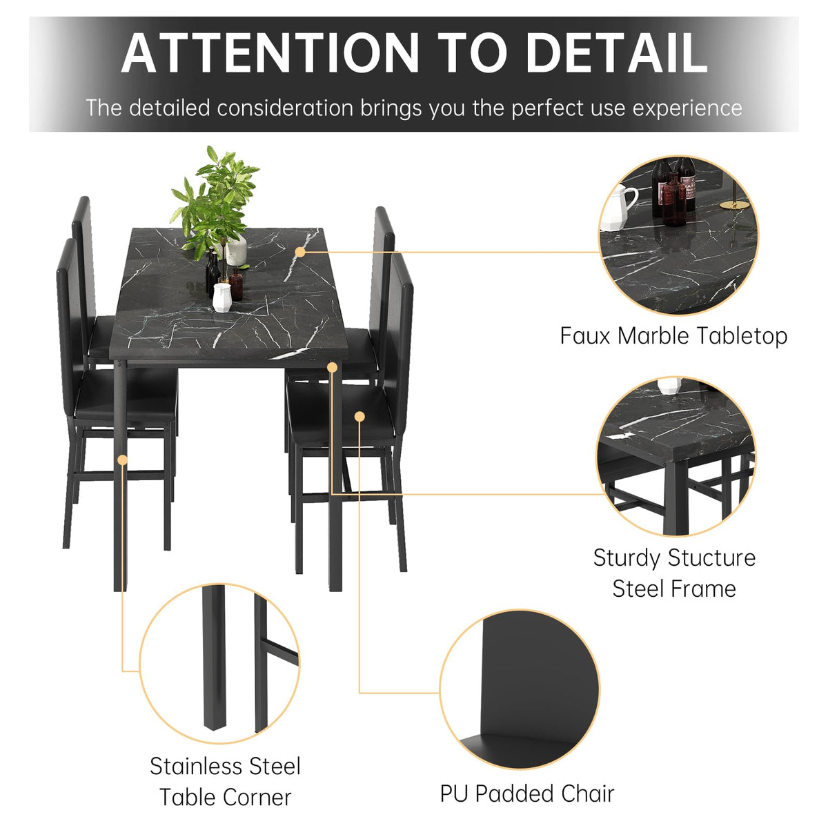 AWQM Dining Table Set for 4, Modern Faux Marble Dining Table Set with 4 Upholstered PU Leather Chairs,Dining Room Table Set for Kitchen, Breakfast Nook, Dining Room, Black